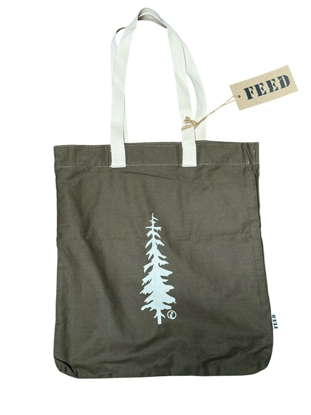 FEED Olive Green Canvas Shopper Tote Tree Print Minimalist Boho Earthy Eco